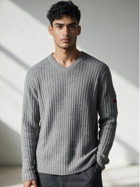 Vtg Y2K Abercrombie & Fitch Mens Large Sweater Pullover WOOL Gray Ribbed V-Neck